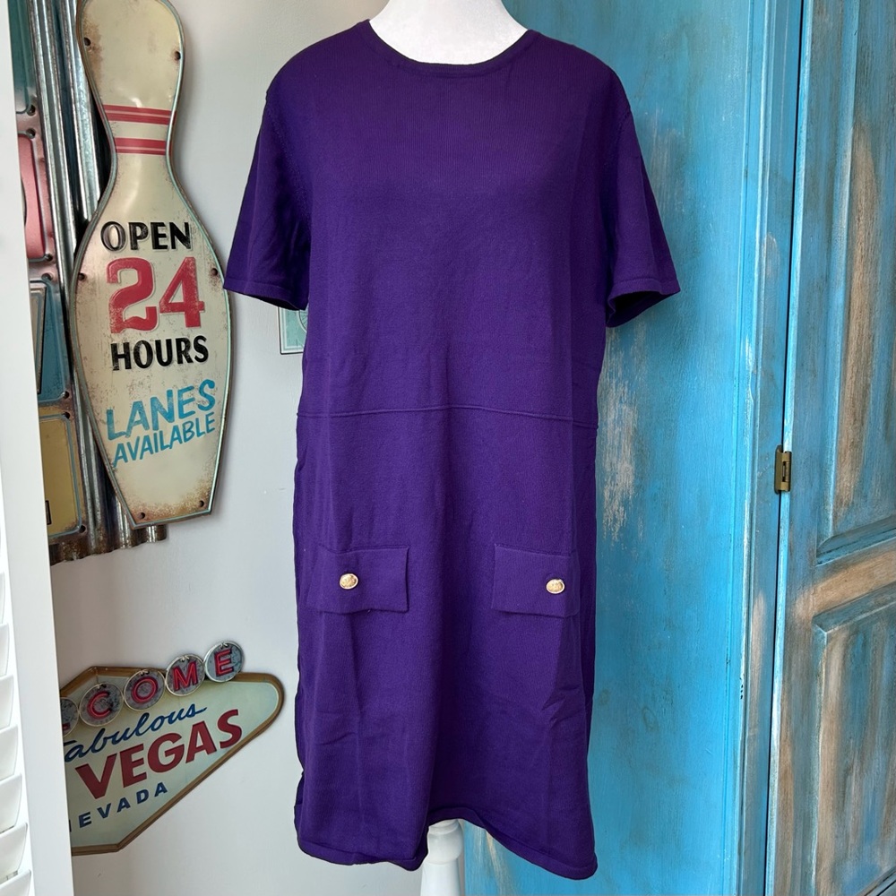 Area Stars Purple Wool Blend Knit Shift Dress with Gold Accent Buttons